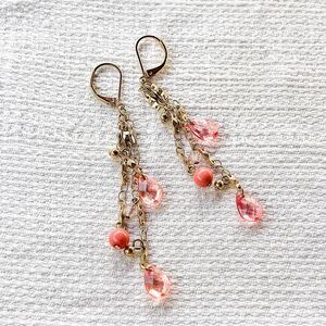 Pink Beaded Brass Drop Dangle Earrings - Gold Tone - Lever Back - Estate Jewelry